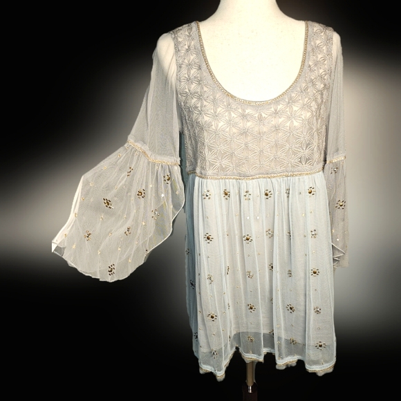 Free People Tops - Free People Sheer Blouse with Embroidery and embellishments.  Lg Blue and Grey